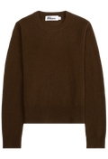 A dark brown long-sleeve crewneck sweater shown flat against a solid white background.