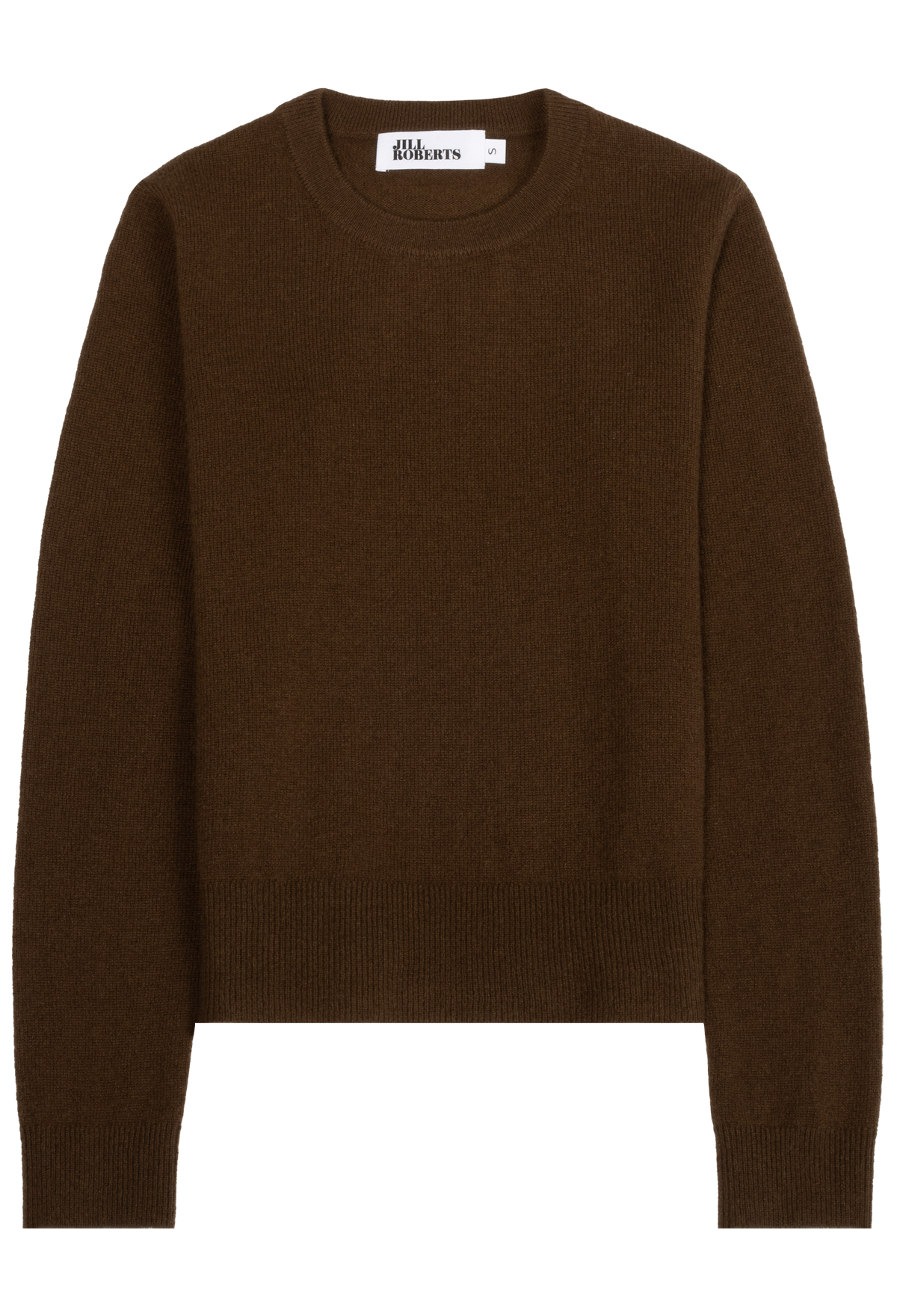 A dark brown long-sleeve crewneck sweater shown flat against a solid white background.