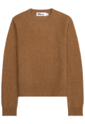 A classic crewneck knit sweater in a warm camel brown color, shown flat against a solid white background. 