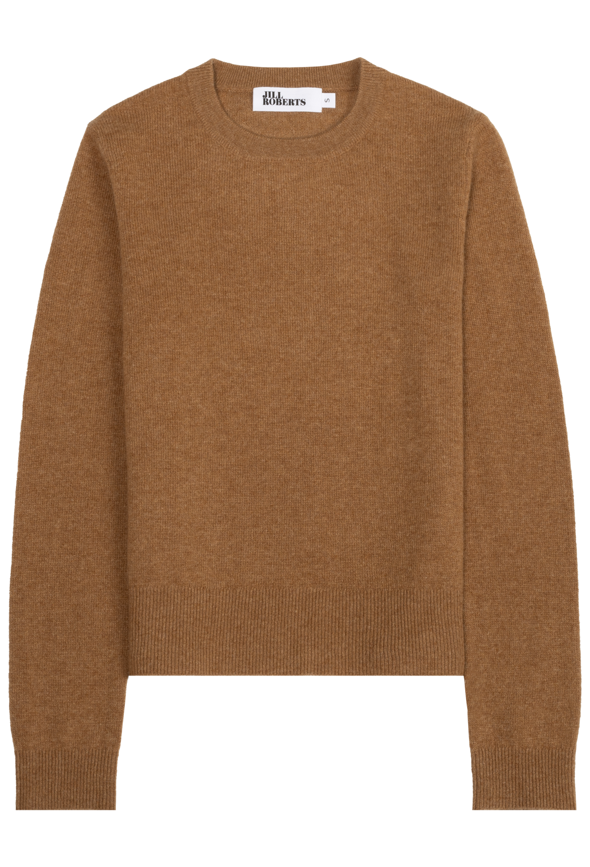 A classic crewneck knit sweater in a warm camel brown color, shown flat against a solid white background. 