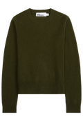 A green crewneck knit sweater shown flat against a solid white background.