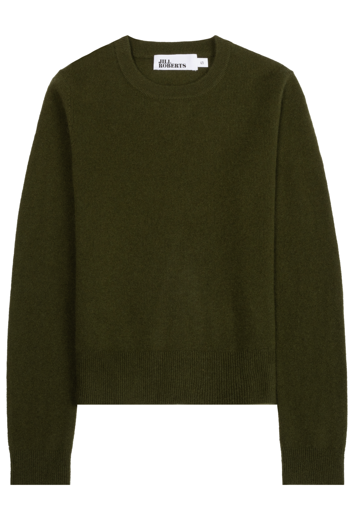 A green crewneck knit sweater shown flat against a solid white background.