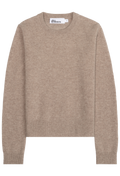 A light brown crewneck knit sweater shown flat against a solid white background.
