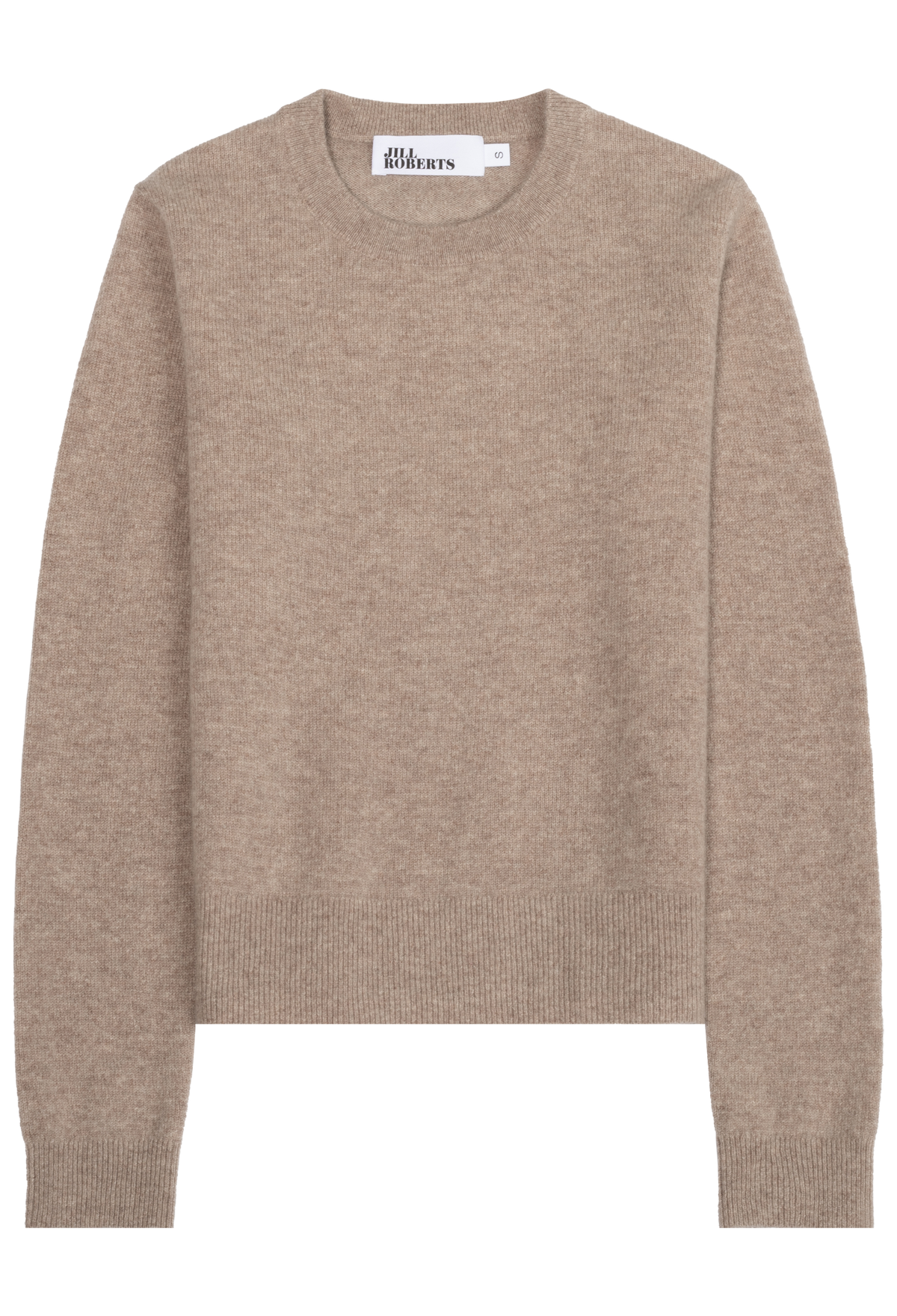 A light brown crewneck knit sweater shown flat against a solid white background.