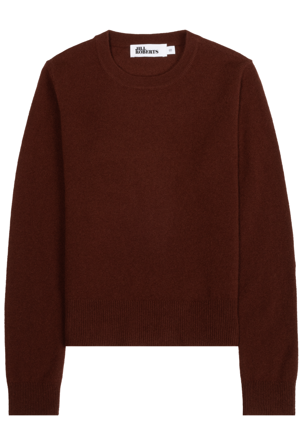 A dark rusty red crewneck knit sweatershown flat against a solid white background.
