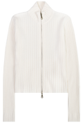 An off-white ribbed knit zip-up jacket with a high mock neck collar, shown against a plain white background.