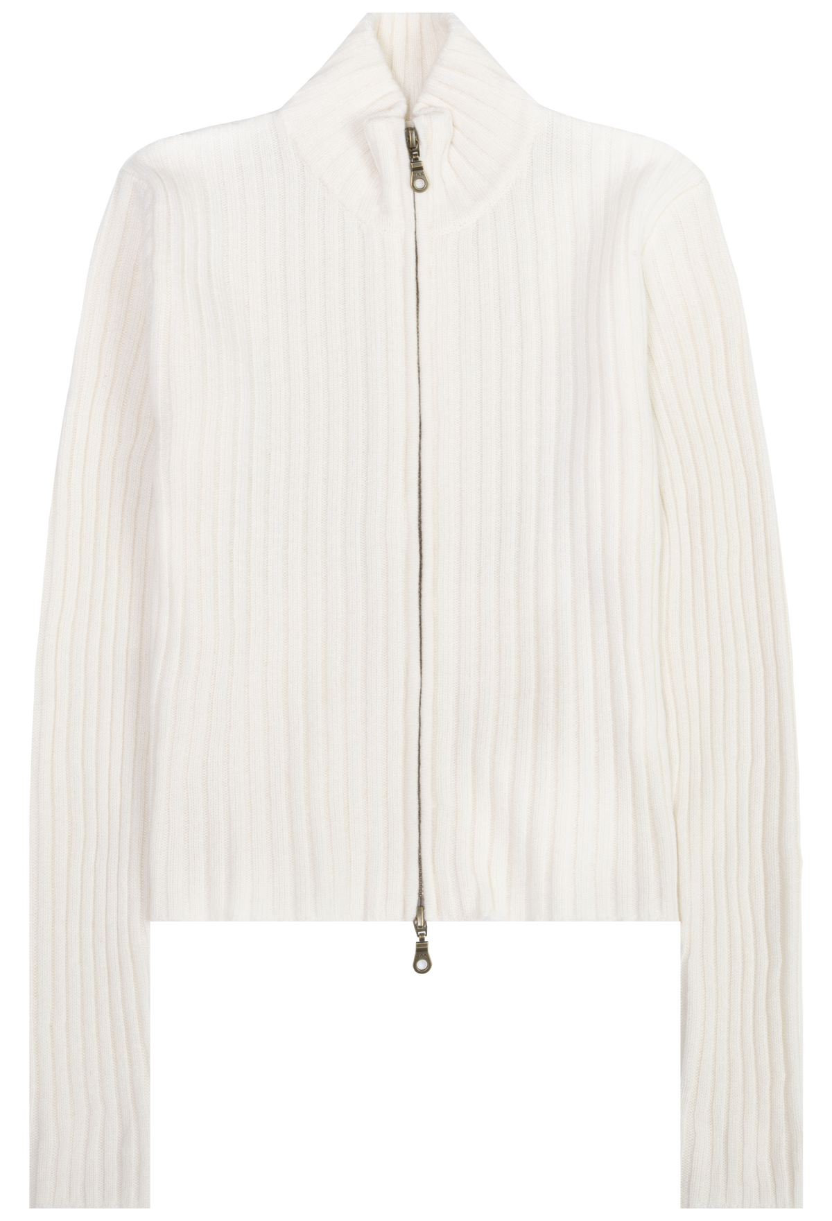 An off-white ribbed knit zip-up jacket with a high mock neck collar, shown against a plain white background.