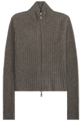 A ribbed knit zip-up sweater in a heathered dark gray-brown color, featuring a high mock neck collar and a front zipper with a small gold-tone pull.
