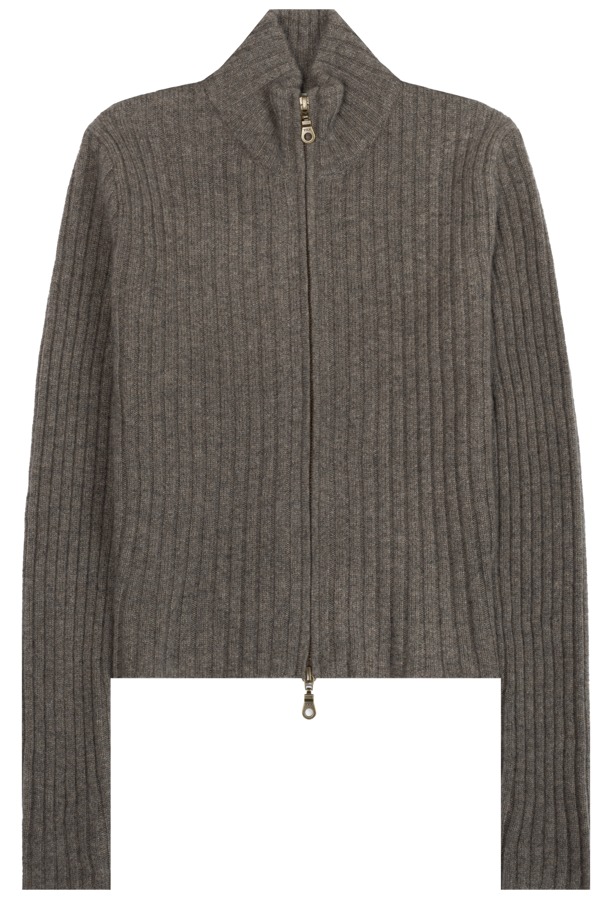 A ribbed knit zip-up sweater in a heathered dark gray-brown color, featuring a high mock neck collar and a front zipper with a small gold-tone pull.
