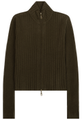 An olive green ribbed knit zip-up sweater with a high mock neck collar, displayed on a white background.