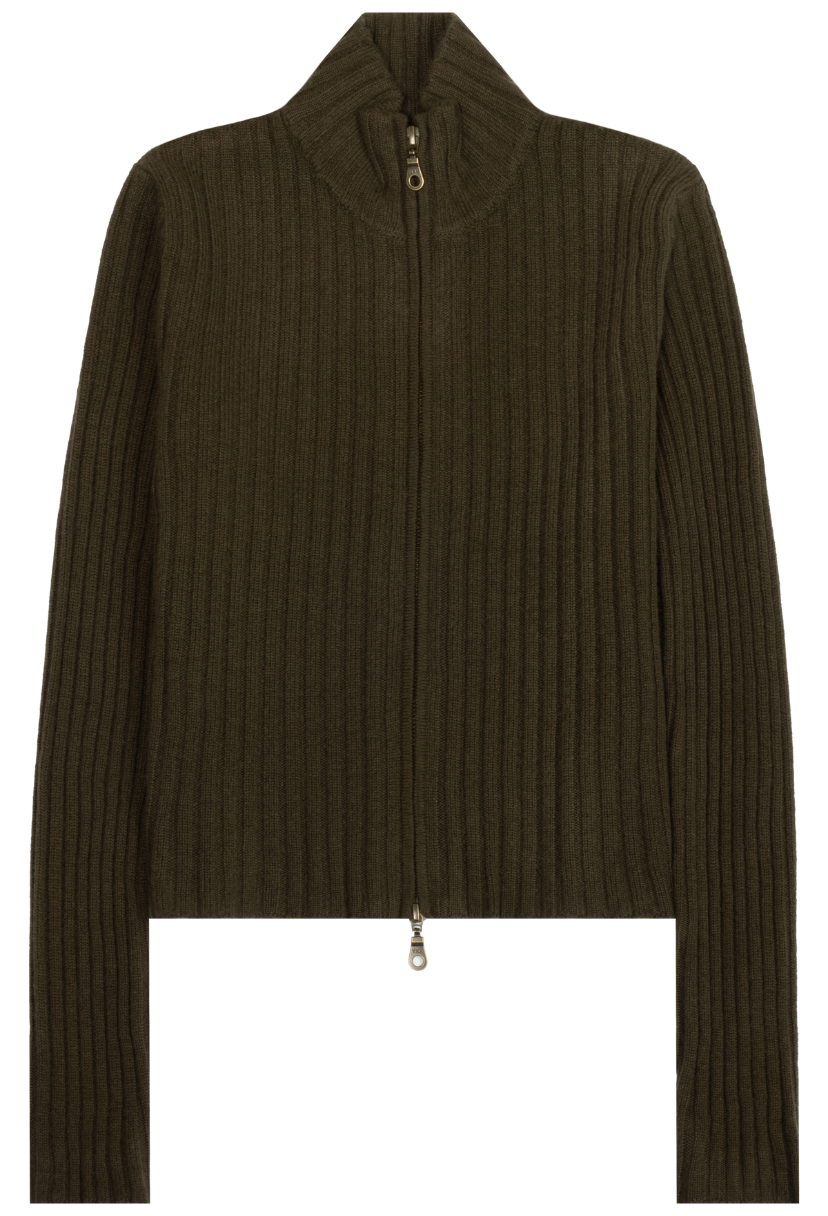 An olive green ribbed knit zip-up sweater with a high mock neck collar, displayed on a white background.
