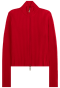 A bright red ribbed knit zip-up sweater with a high mock neck collar, shown flat on a white background.