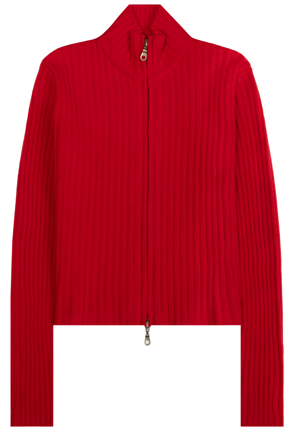 A bright red ribbed knit zip-up sweater with a high mock neck collar, shown flat on a white background.