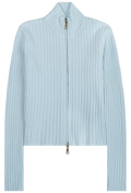 A light blue ribbed knit zip-up jacket with a high mock neck collar, shown against a plain white background.
