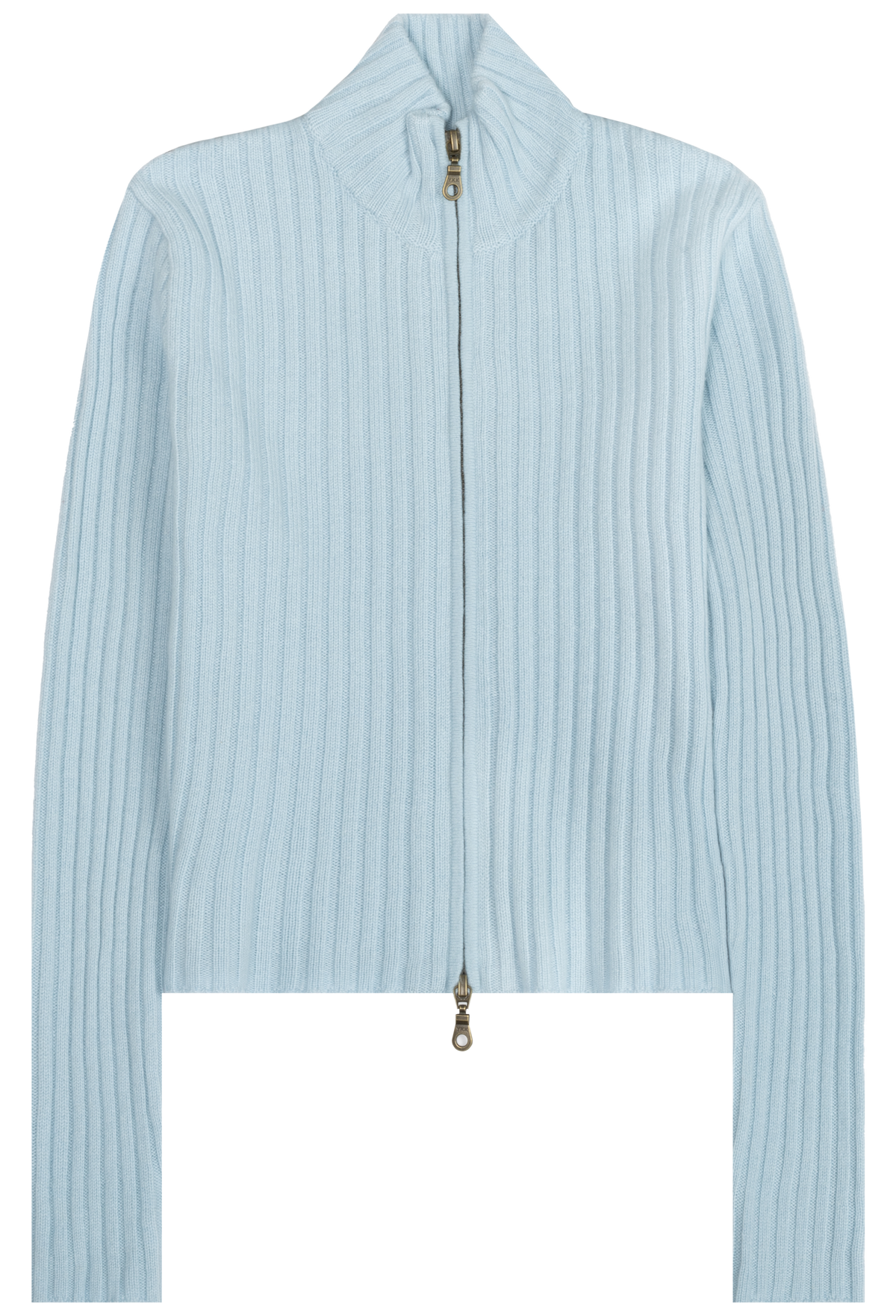 A light blue ribbed knit zip-up jacket with a high mock neck collar, shown against a plain white background.