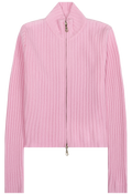 A pink ribbed knit zip-up jacket with a high mock neck collar, shown flat against a plain white background.