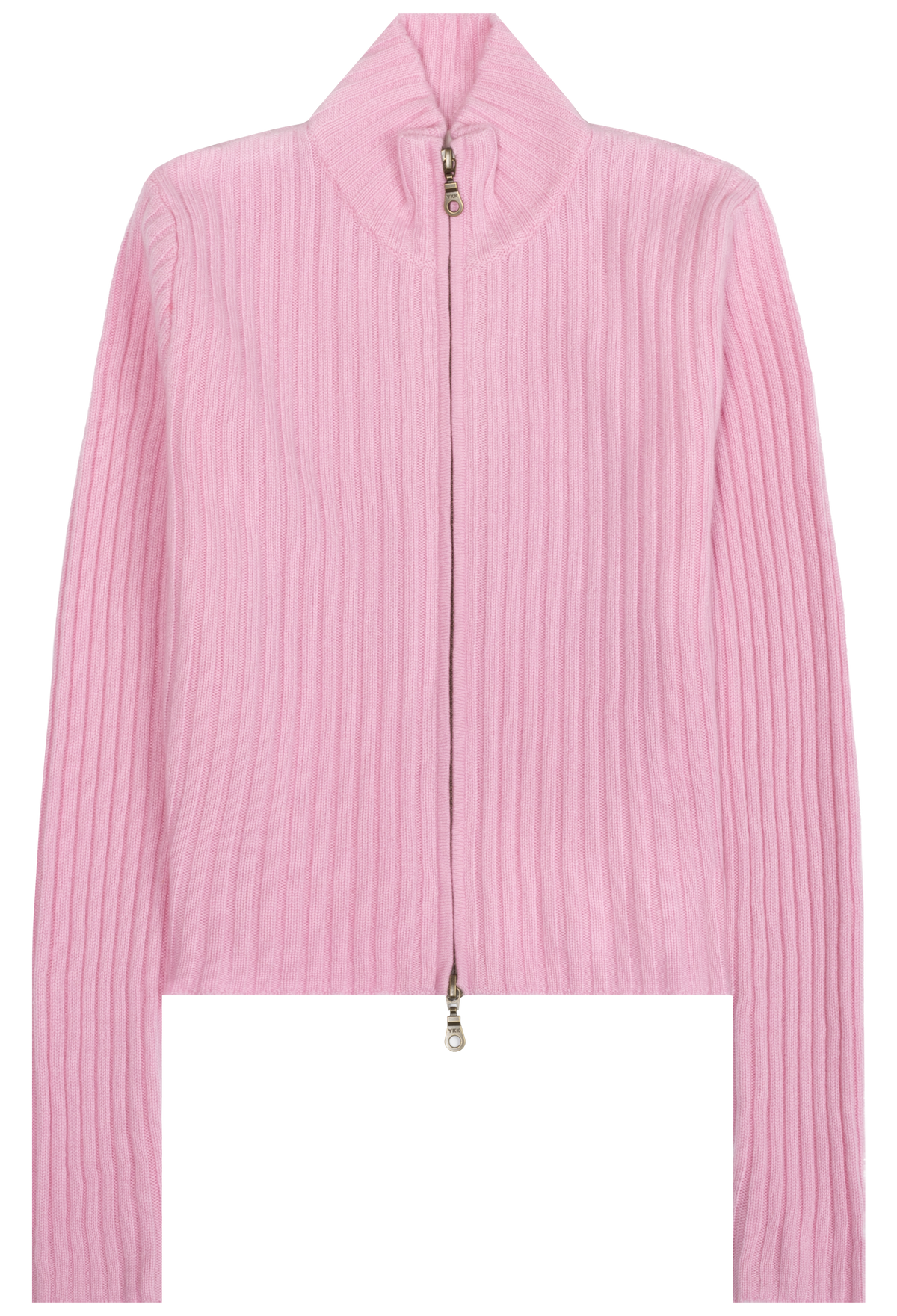 A pink ribbed knit zip-up jacket with a high mock neck collar, shown flat against a plain white background.
