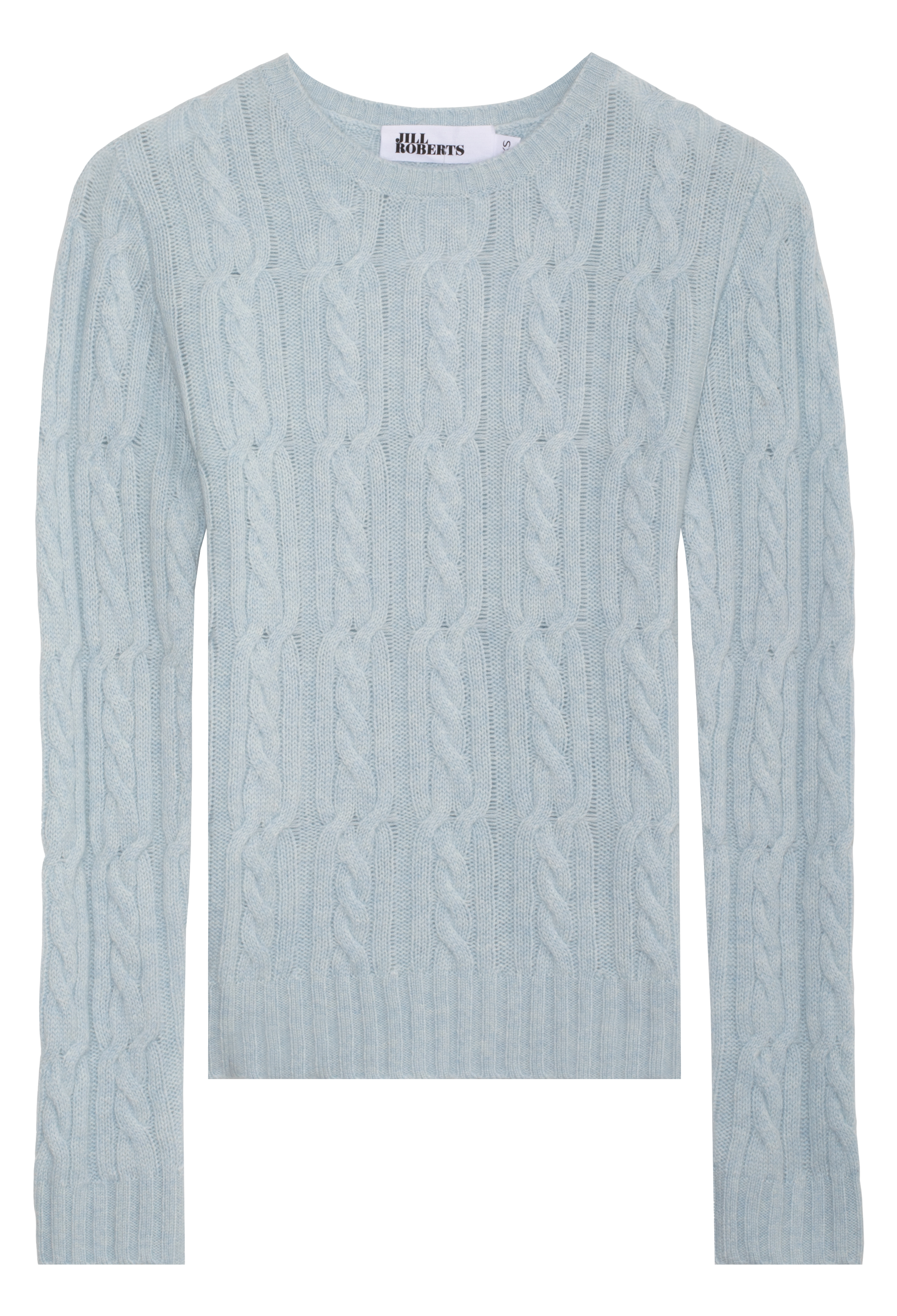 Light blue cable knit sweater on a white background