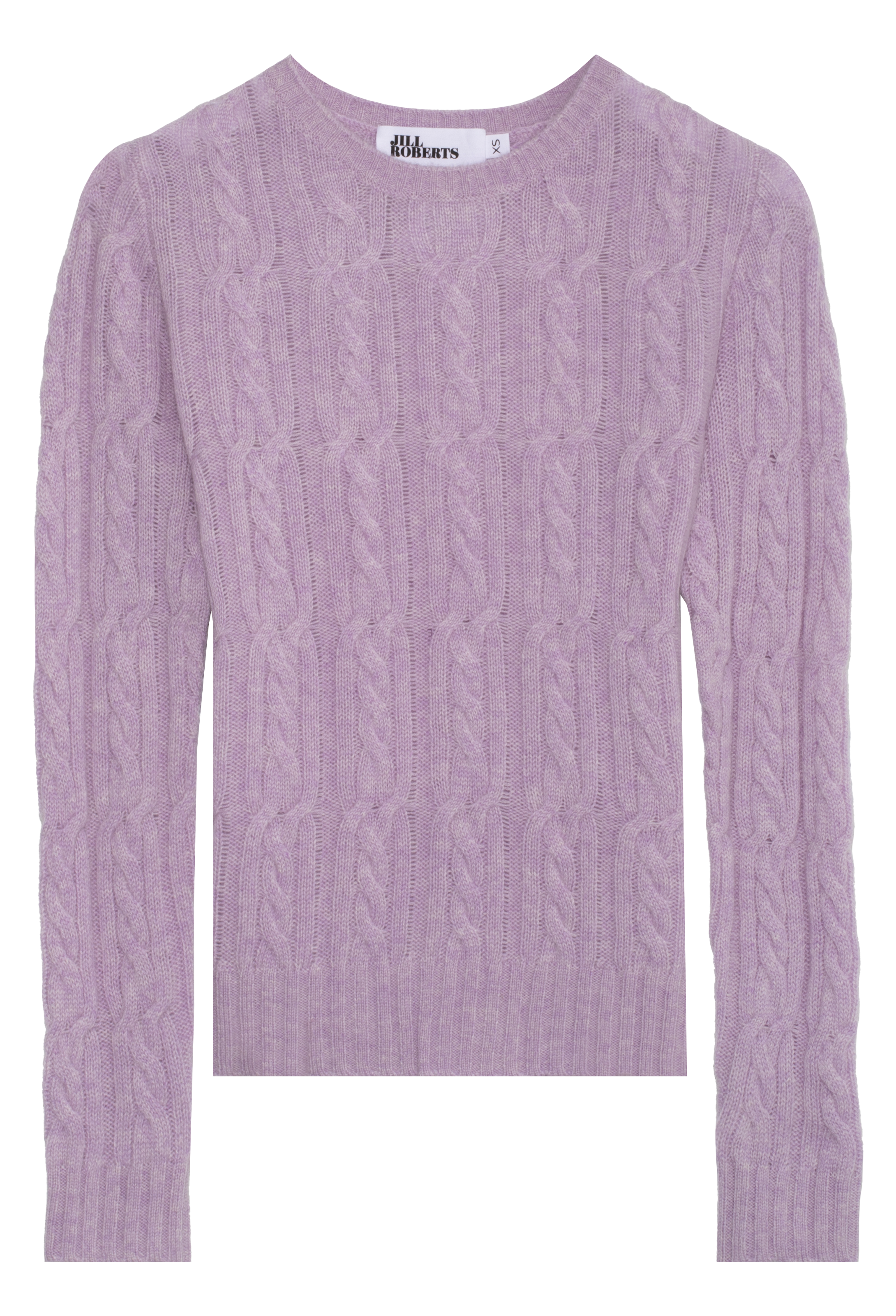 Purple cable knit sweater on a white background
