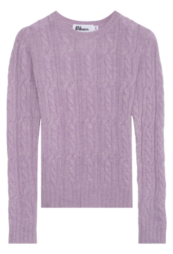 Purple cable knit sweater on a white background