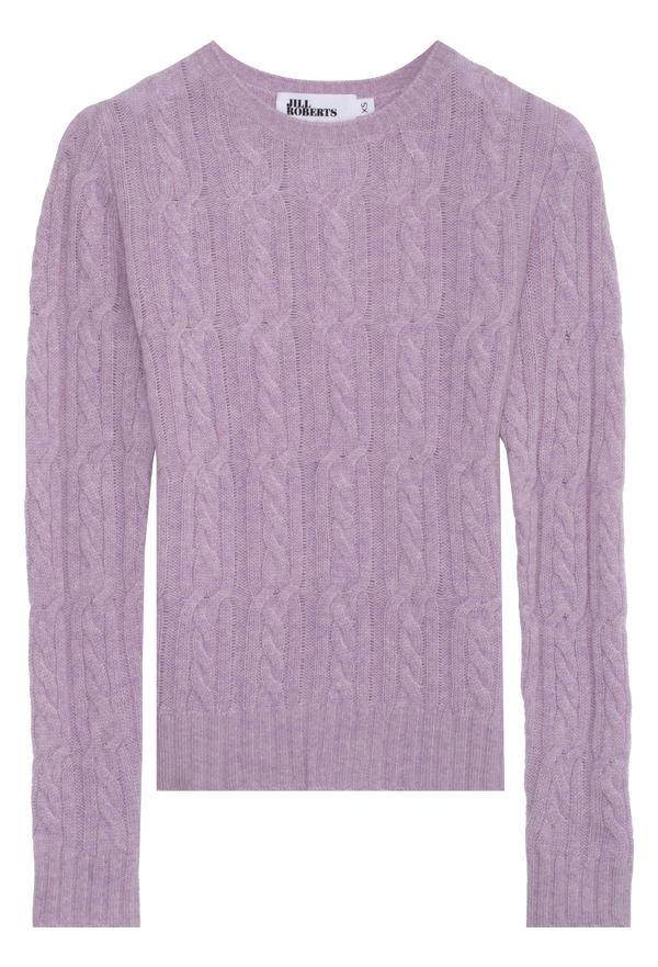 Purple cable knit sweater on a white background