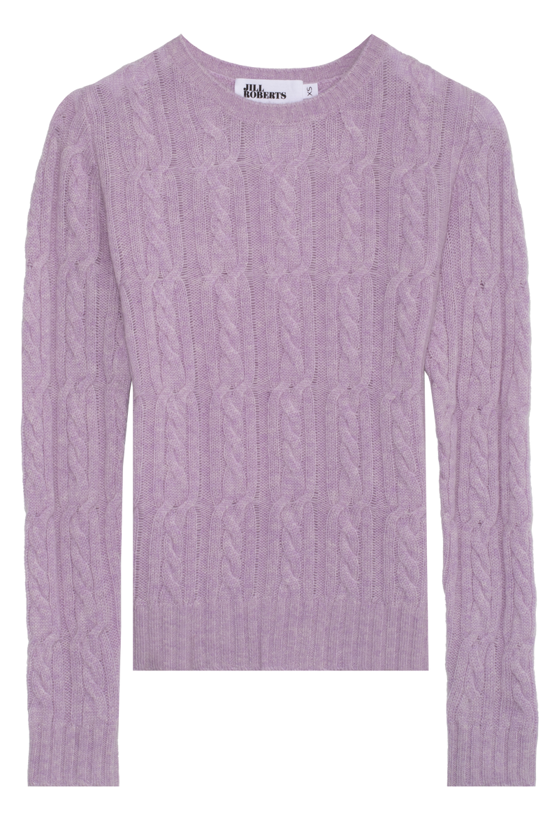 Purple cable knit sweater on a white background