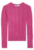 Pink cable knit sweater on a white background