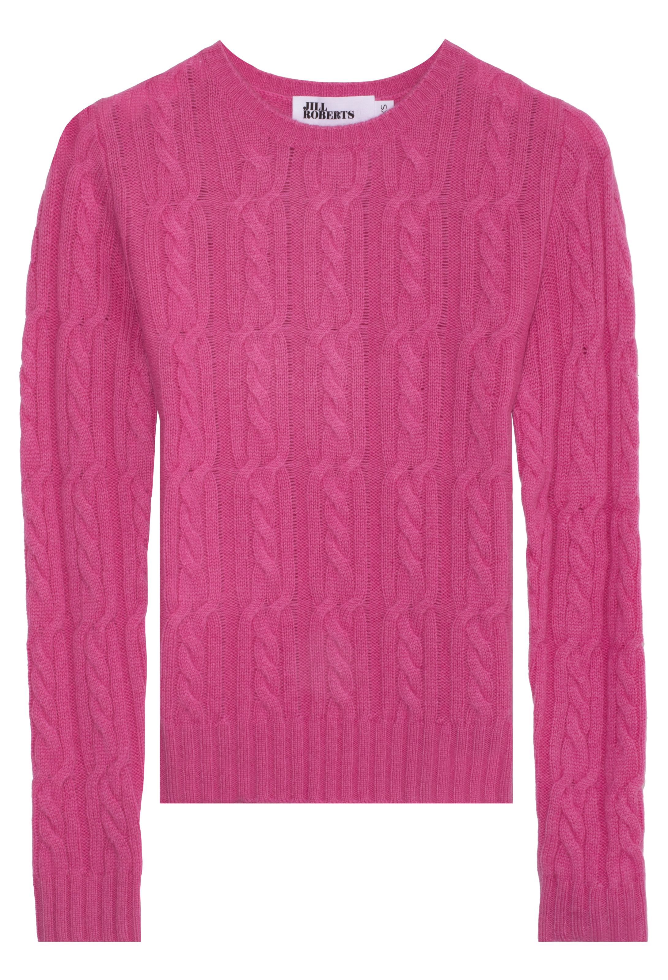 Pink cable knit sweater on a white background