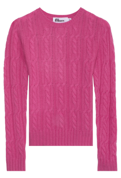 Pink cable knit sweater on a white background