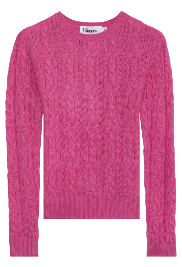 Pink cable knit sweater on a white background