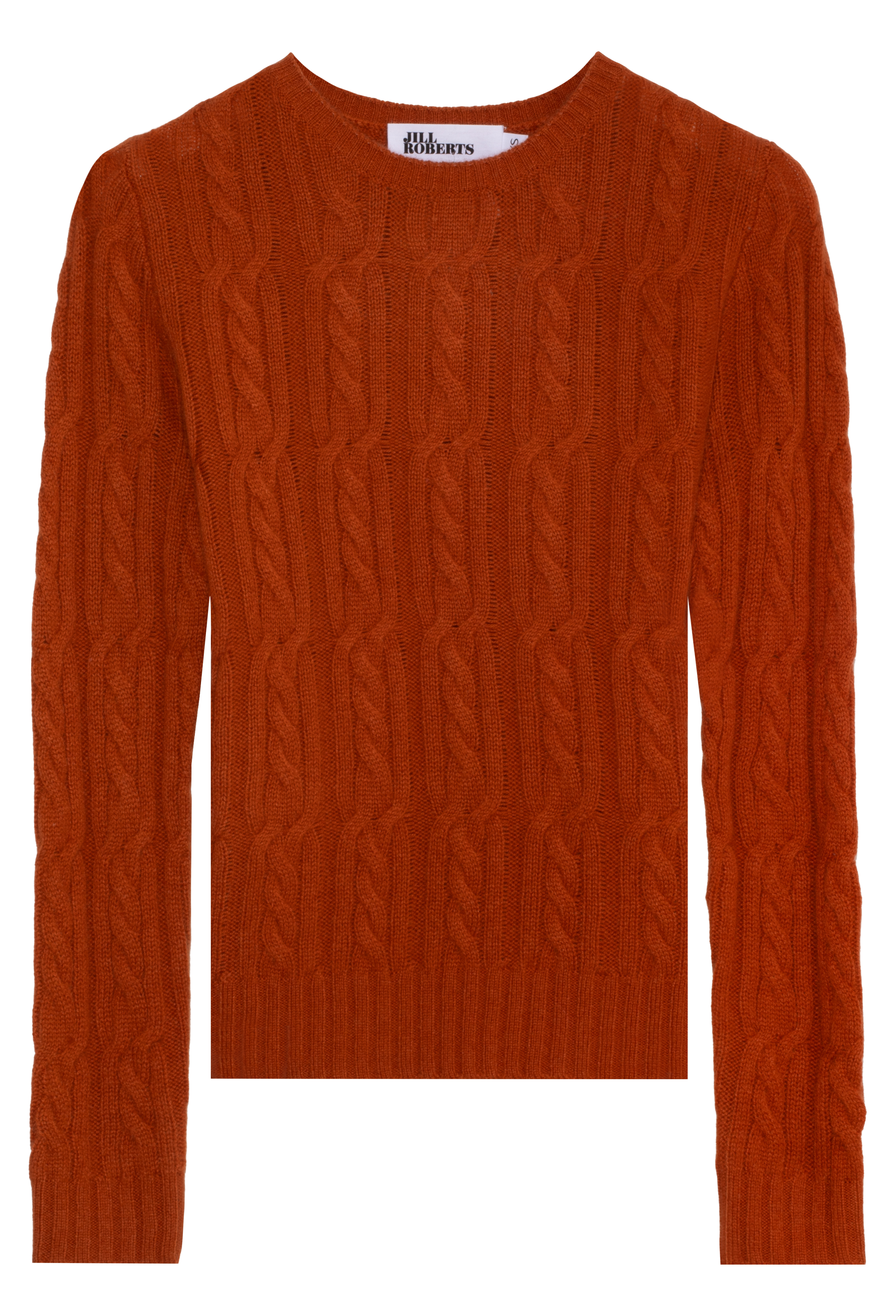 Orange cable knit sweater on a white background