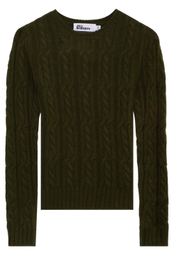 Dark green cable knit sweater on a white background