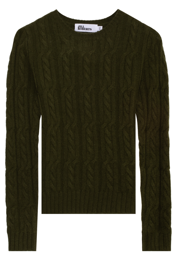 Dark green cable knit sweater on a white background