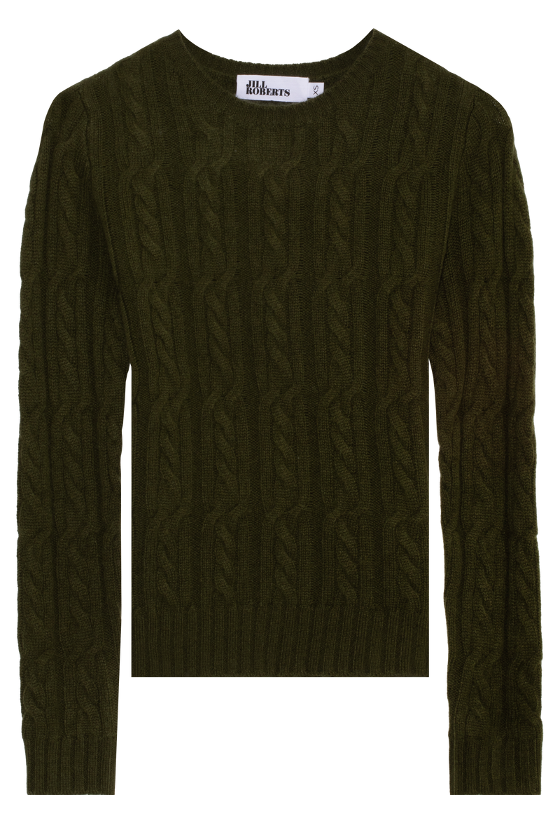 Dark green cable knit sweater on a white background