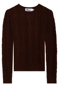 Brown cable knit sweater on a white background