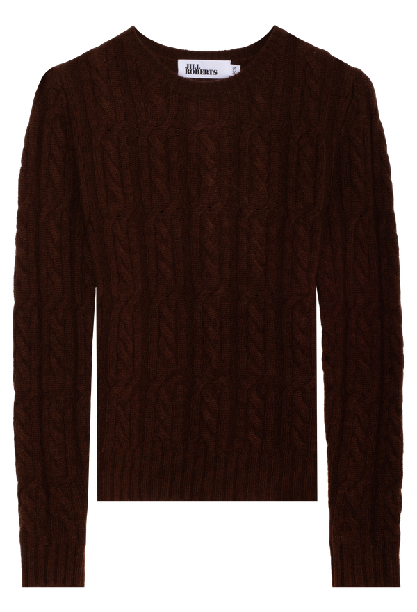 Brown cable knit sweater on a white background