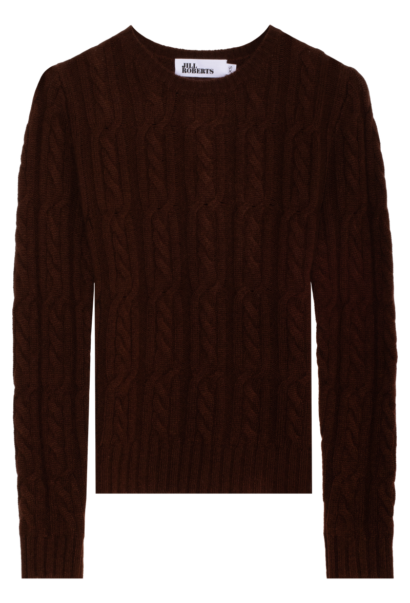 Brown cable knit sweater on a white background