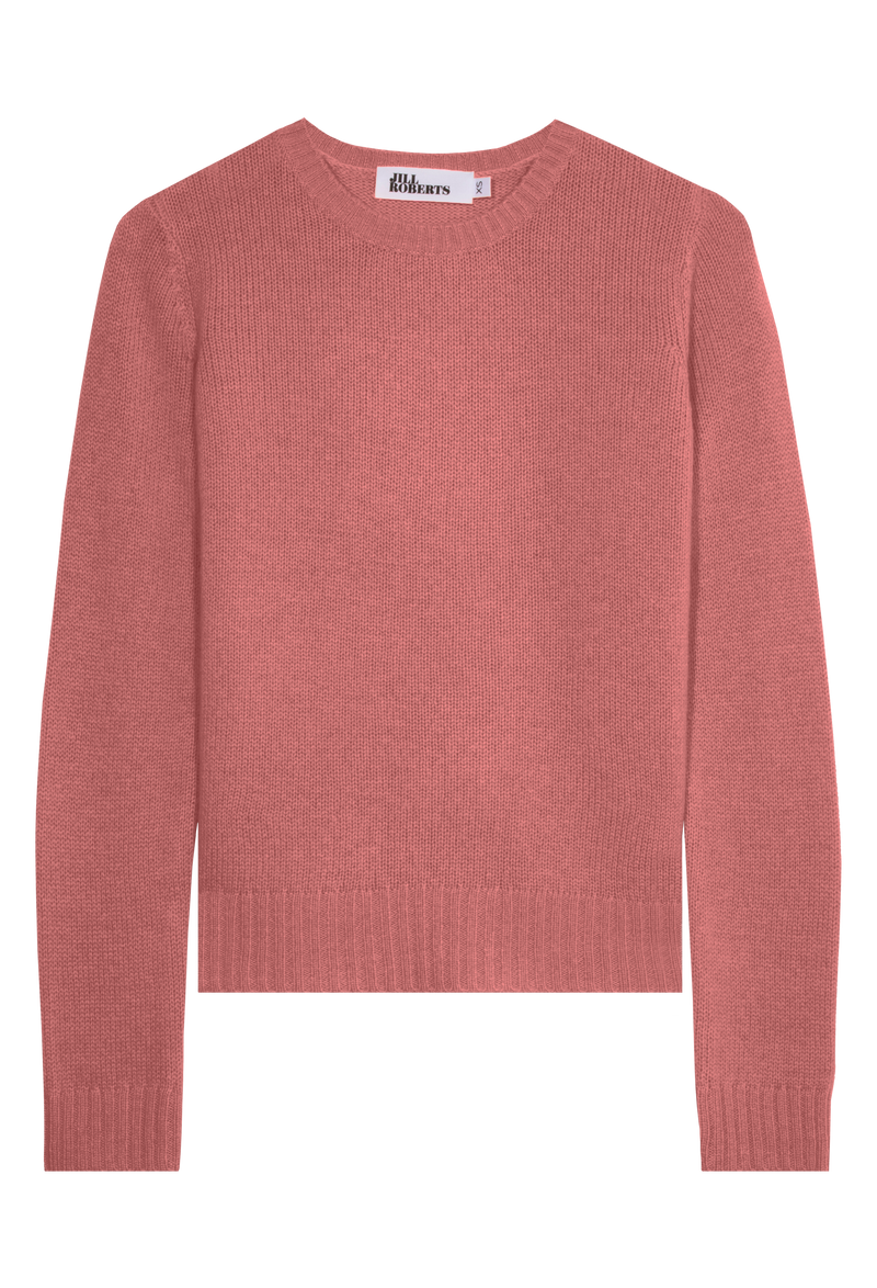 a muted red-pink cashmere crewneck sweater on a transparent background