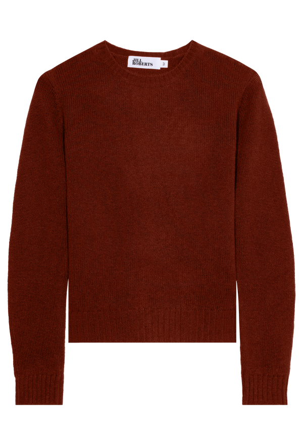 a dark brown-red cashmere crewneck sweater on a transparent background