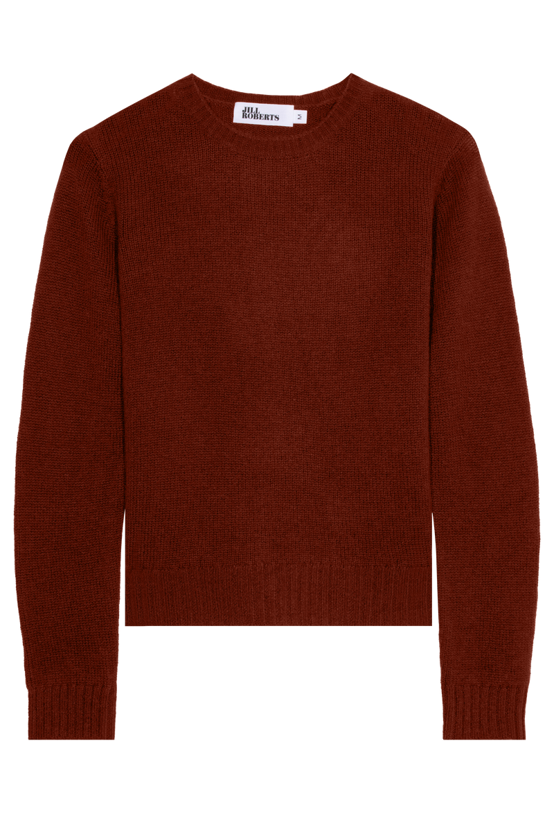 a dark brown-red cashmere crewneck sweater on a transparent background