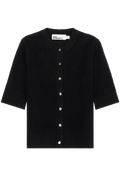 A black ribbed knit cardigan sweater with three-quarter sleeves and a button-up front, shown flat against a white background. 