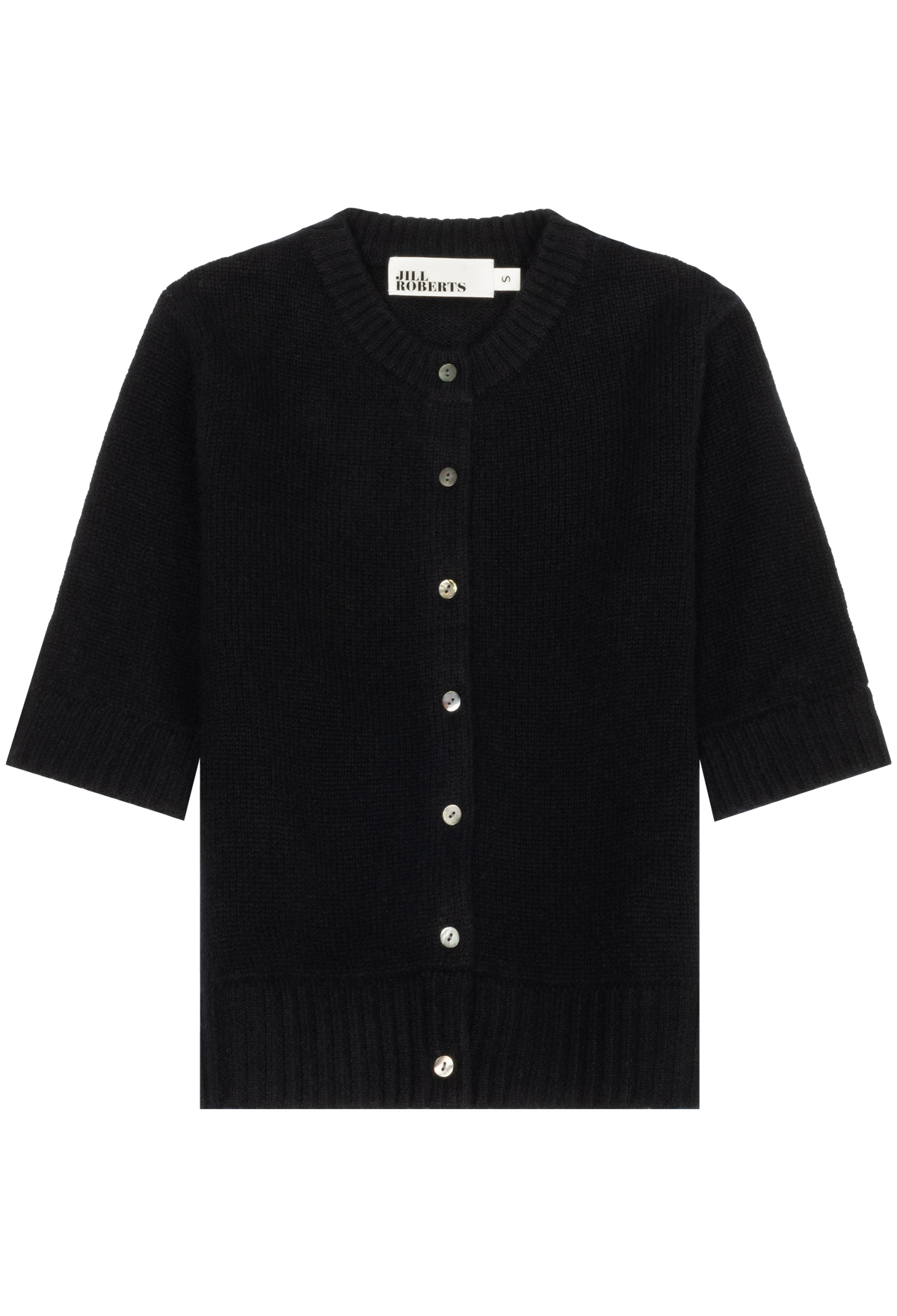 A black ribbed knit cardigan sweater with three-quarter sleeves and a button-up front, shown flat against a white background. 
