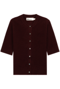 A dark burgundy knit cardigan sweater with a button-up front, 3/4 sleeves, and ribbed trim, shown flat against a white background.