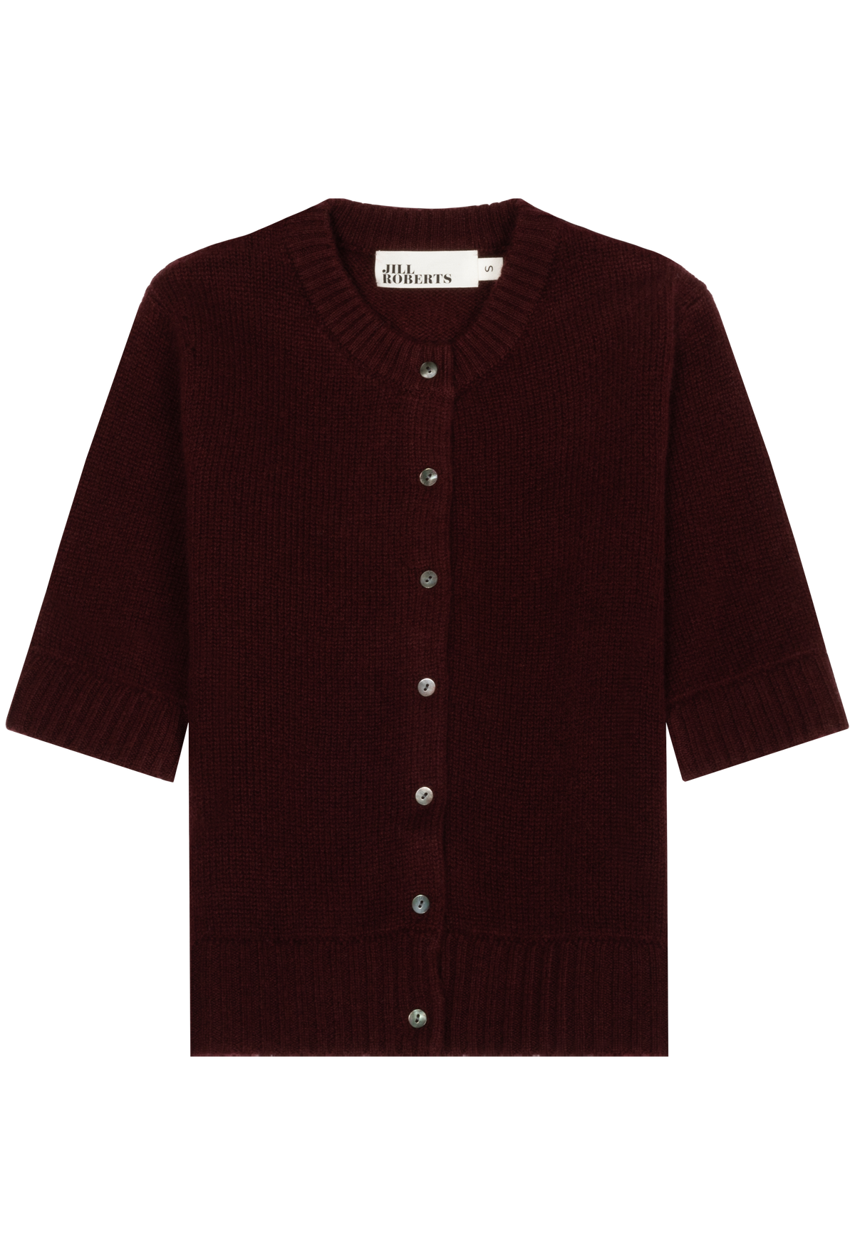 A dark burgundy knit cardigan sweater with a button-up front, 3/4 sleeves, and ribbed trim, shown flat against a white background.