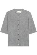 A light gray knit cardigan sweater with three-quarter sleeves, a round neckline, and a button-up front, shown flat against a white background.