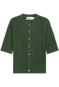 A dark green knit cardigan sweater with three-quarter sleeves, ribbed trim, and a button-up front, shown flat on a white background.