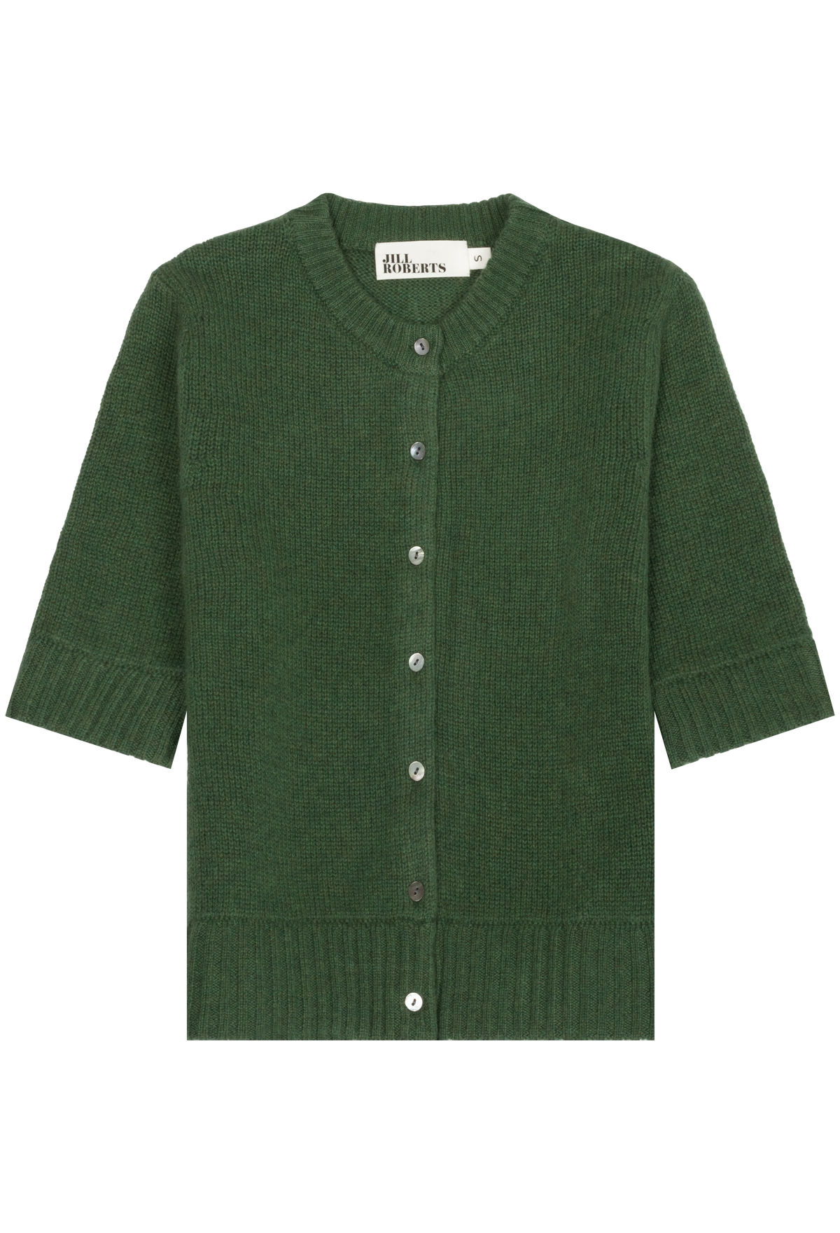 A dark green knit cardigan sweater with three-quarter sleeves, ribbed trim, and a button-up front, shown flat on a white background.