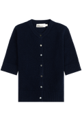 A dark navy blue knit cardigan sweater with three-quarter sleeves, ribbed cuffs and hem, and a button-up front, shown flat on a white background. 