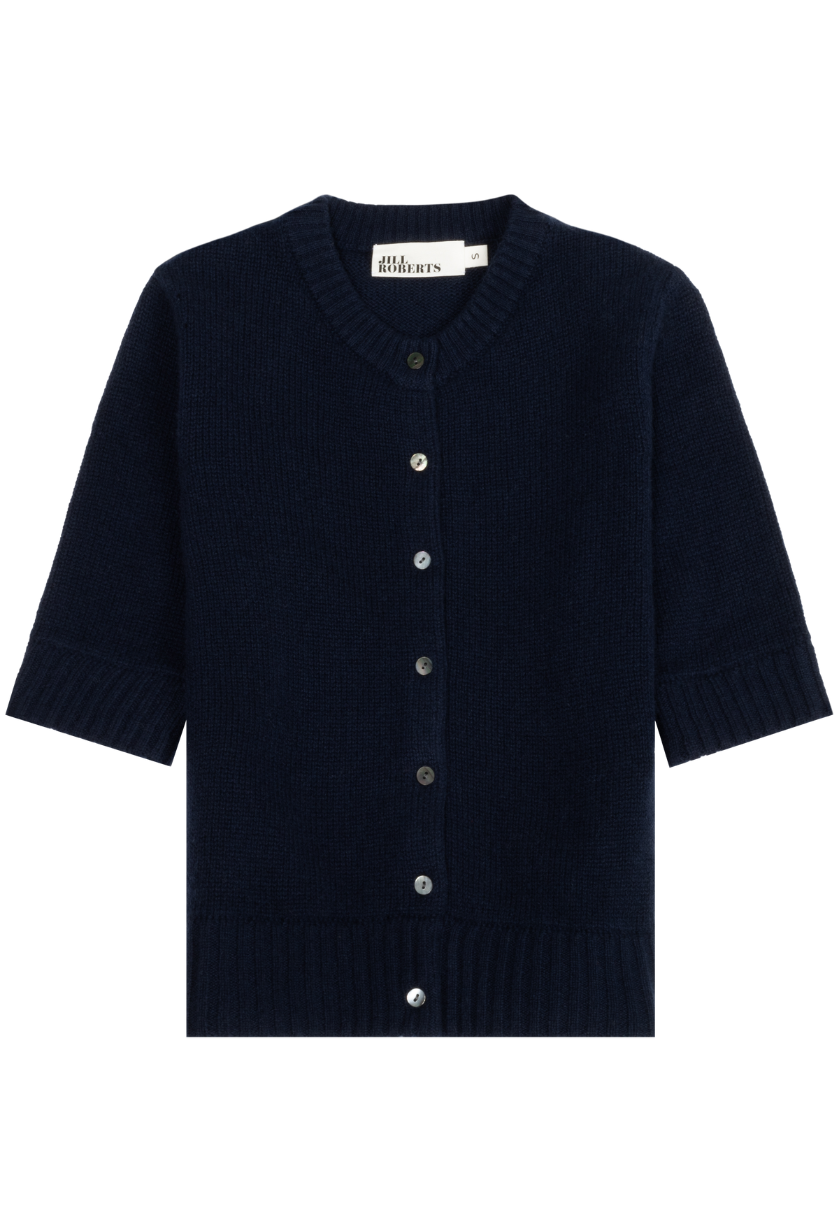 A dark navy blue knit cardigan sweater with three-quarter sleeves, ribbed cuffs and hem, and a button-up front, shown flat on a white background. 