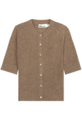 A brown knit cardigan sweater with 3/4 sleeves, a crew neck, and a button-up front, shown flat on a white background.